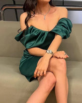 Short tight satin off shoulder Homecoming dress